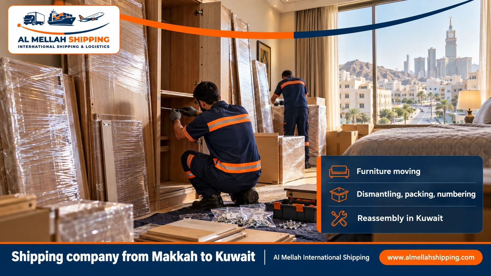 Furniture moving from Makkah to Kuwait with dismantling, packing and reassembly