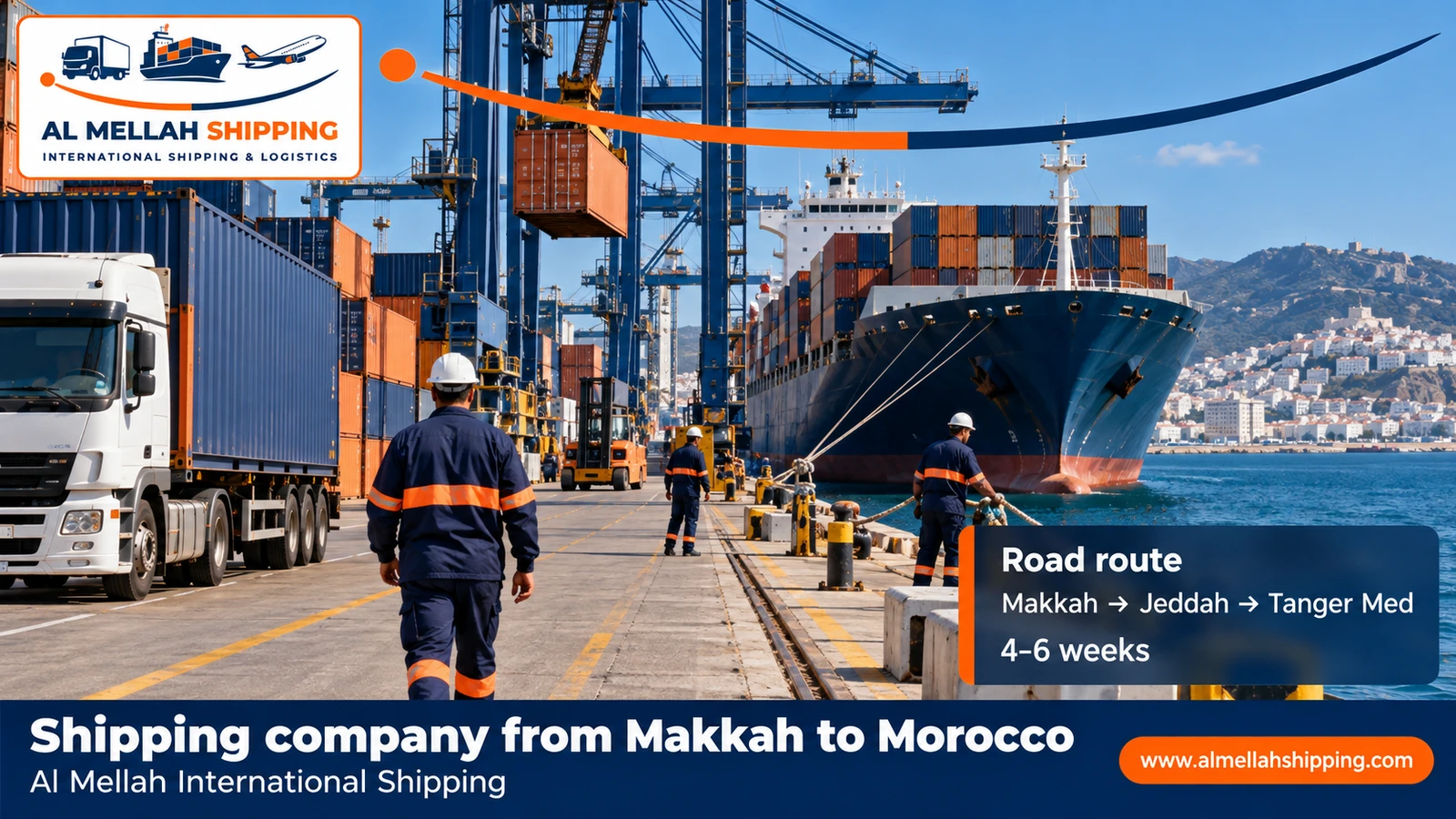 Sea shipping route from Makkah to Morocco via Jeddah port