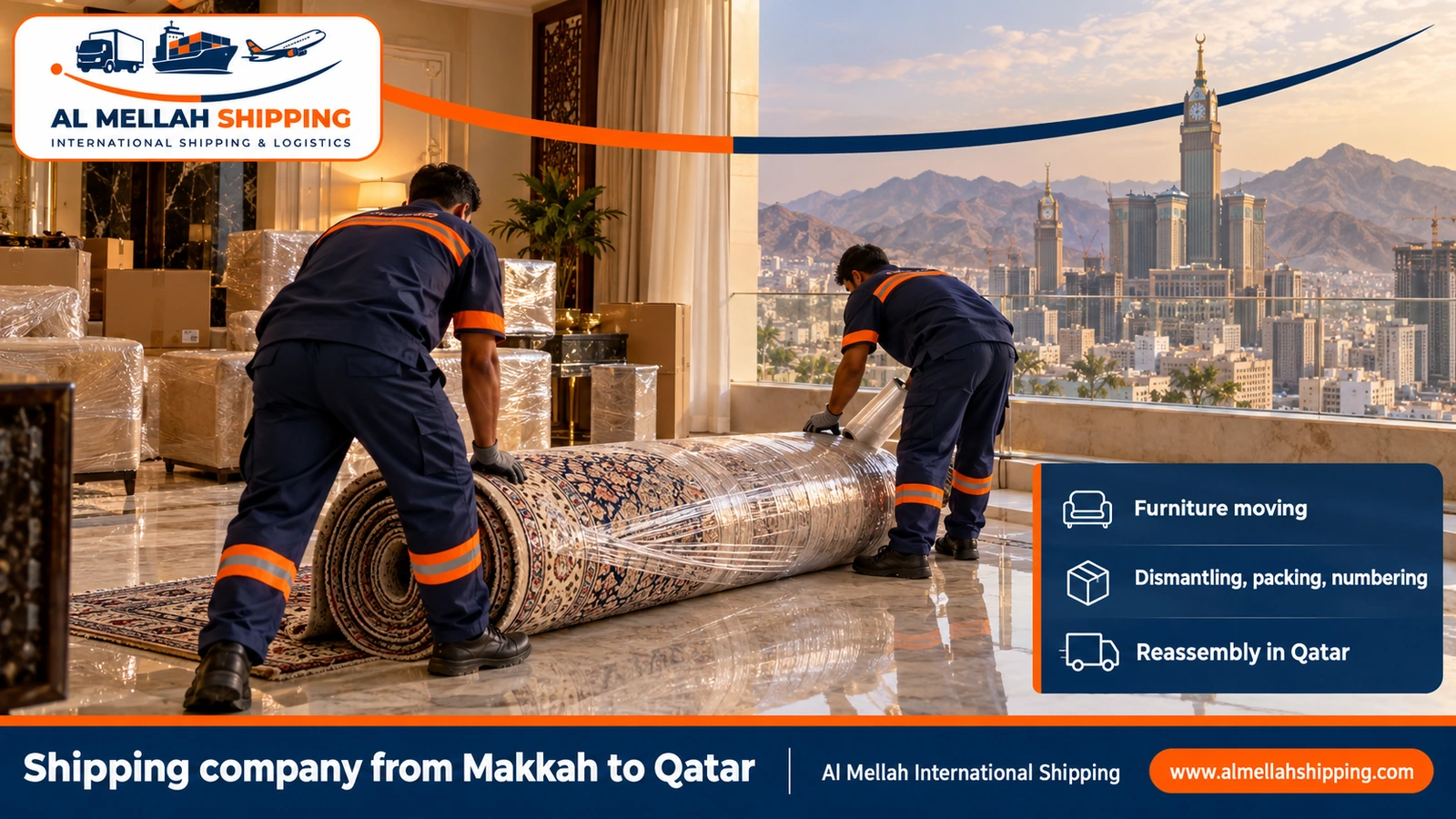 Furniture moving from Makkah to Qatar with dismantling, packing and reassembly