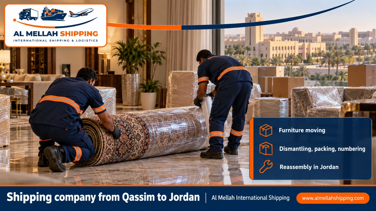Furniture moving from Qassim to Jordan with dismantling, packing and reassembly