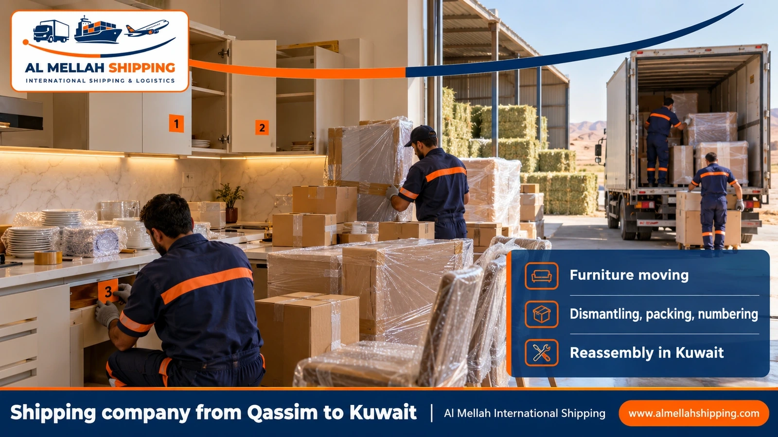 Furniture moving from Qassim to Kuwait with dismantling, packing and reassembly