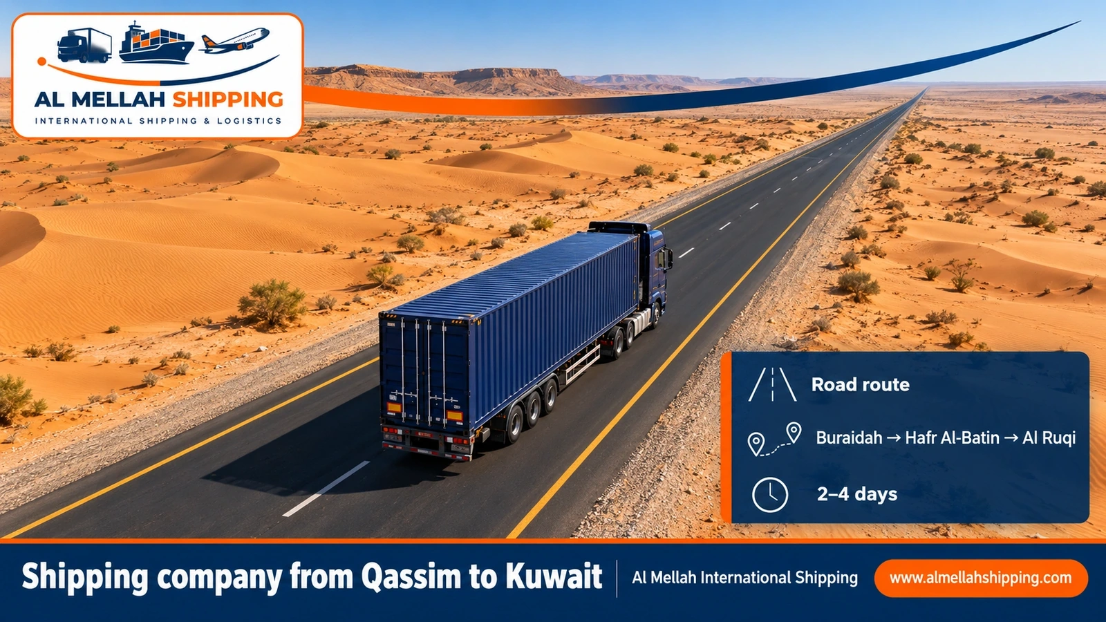 Road route from Qassim to Kuwait via Hafr Al-Batin and the Al Ruqi crossing