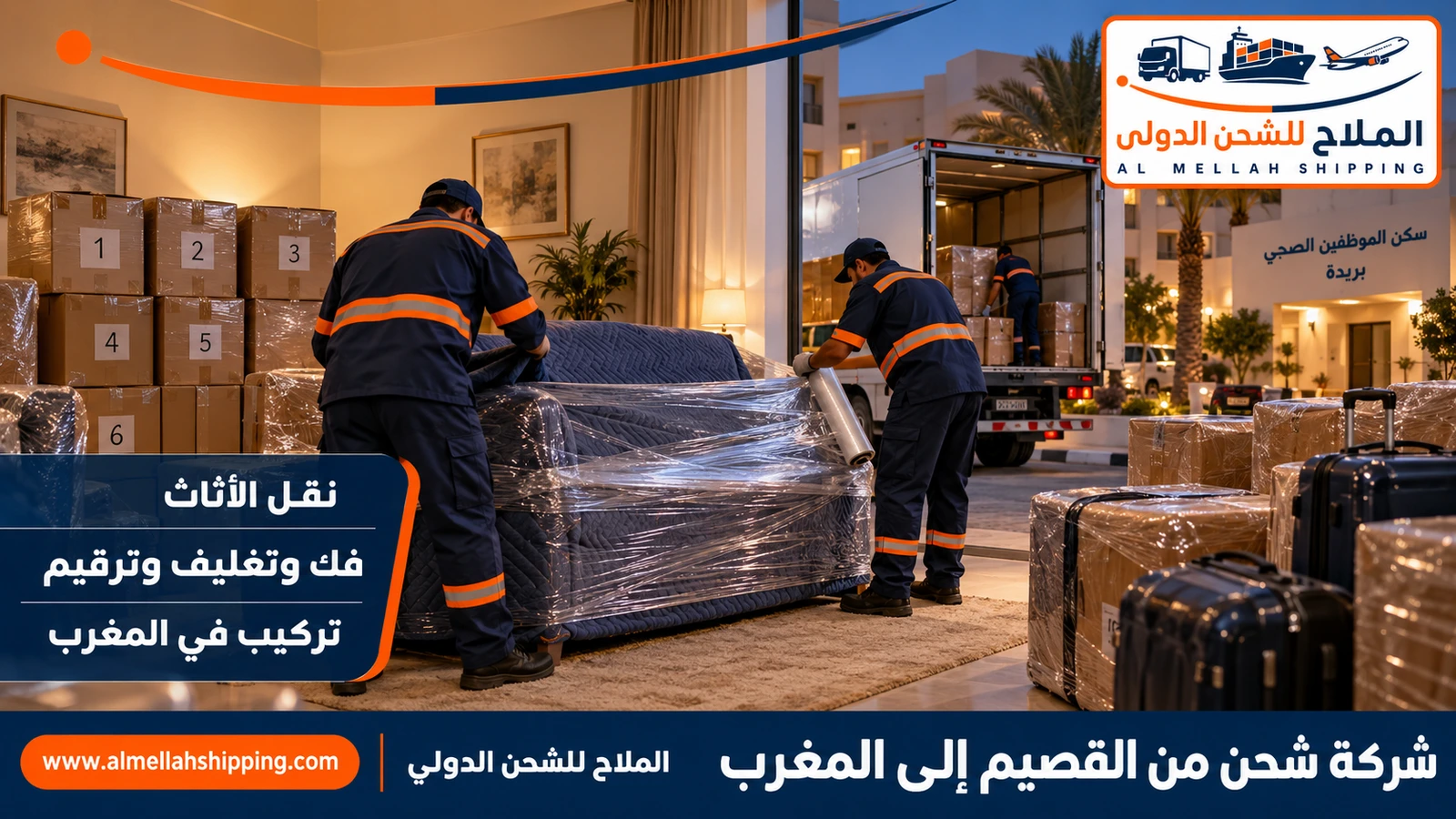 نقل أثاث من القصيم إلى المغرب بالتغليف البحري