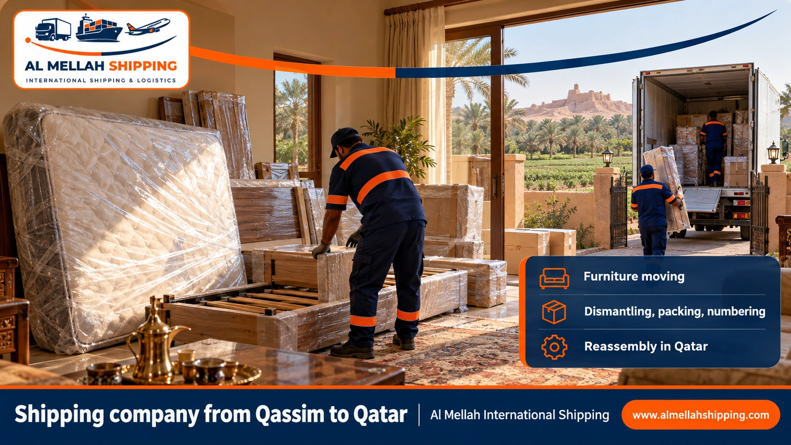 Furniture moving from Qassim to Qatar with dismantling, packing and reassembly