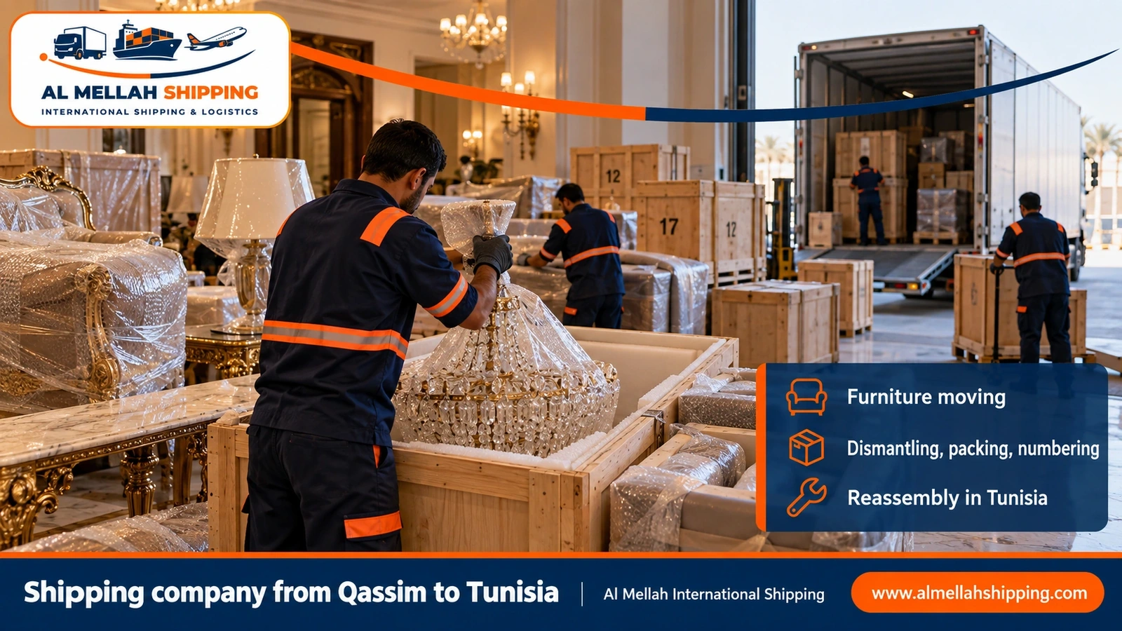 Furniture moving from Qassim to Tunisia with sea packing