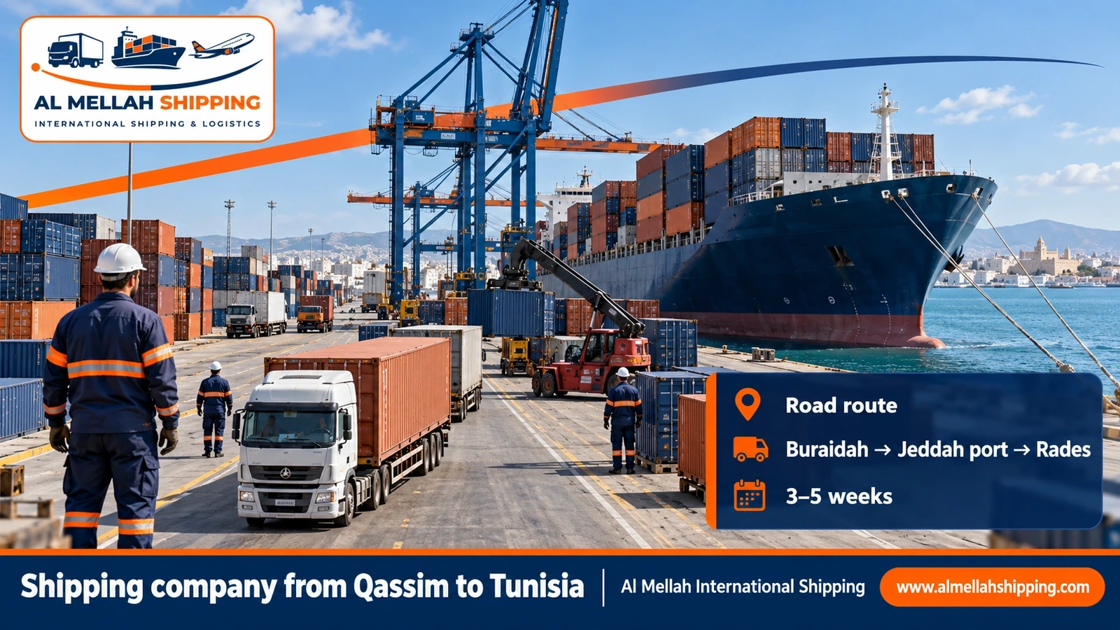 Shipping route from Qassim to Tunisia via Jeddah port