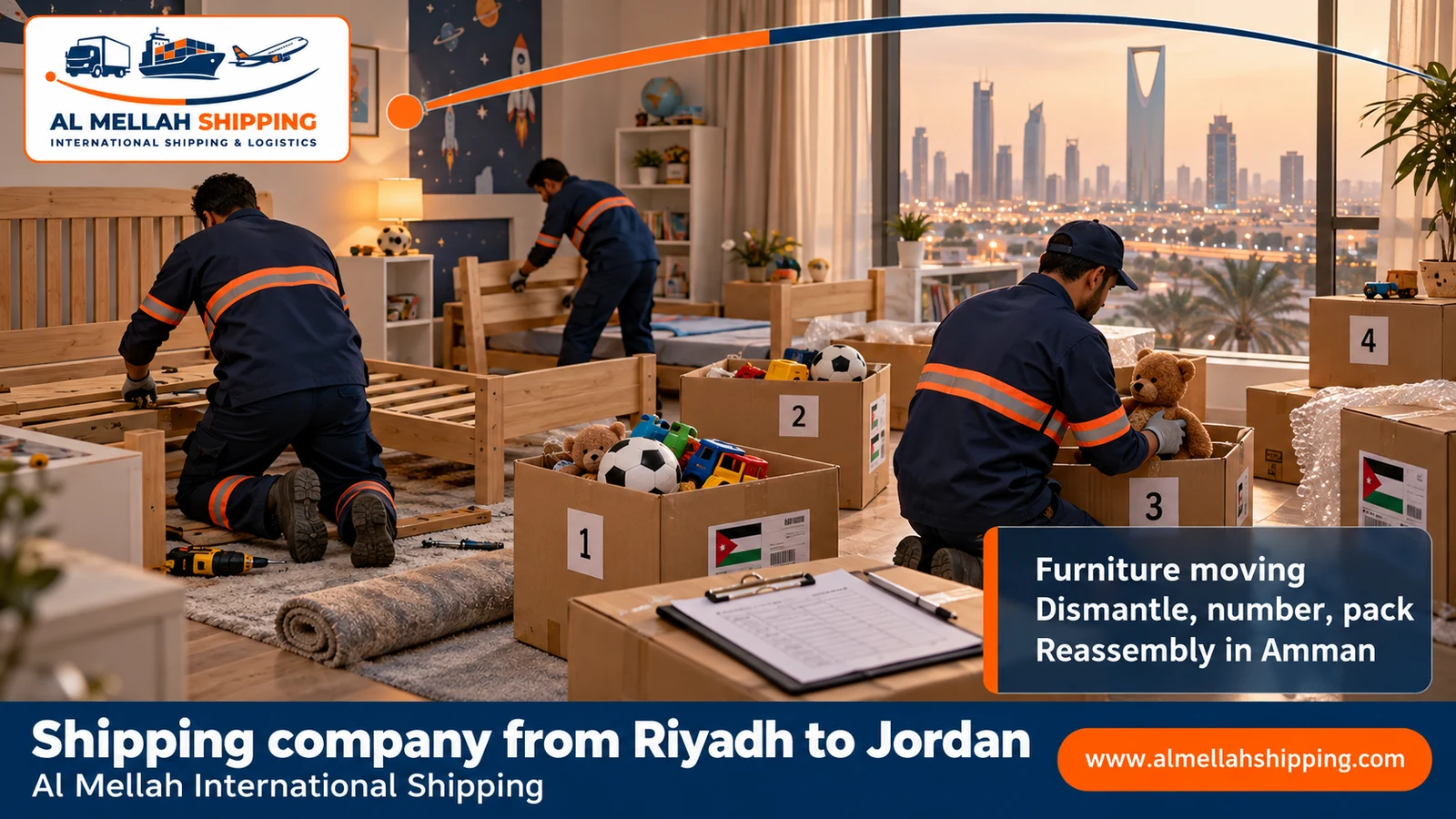 Furniture moving from Riyadh to Jordan with dismantling, packing and reassembly