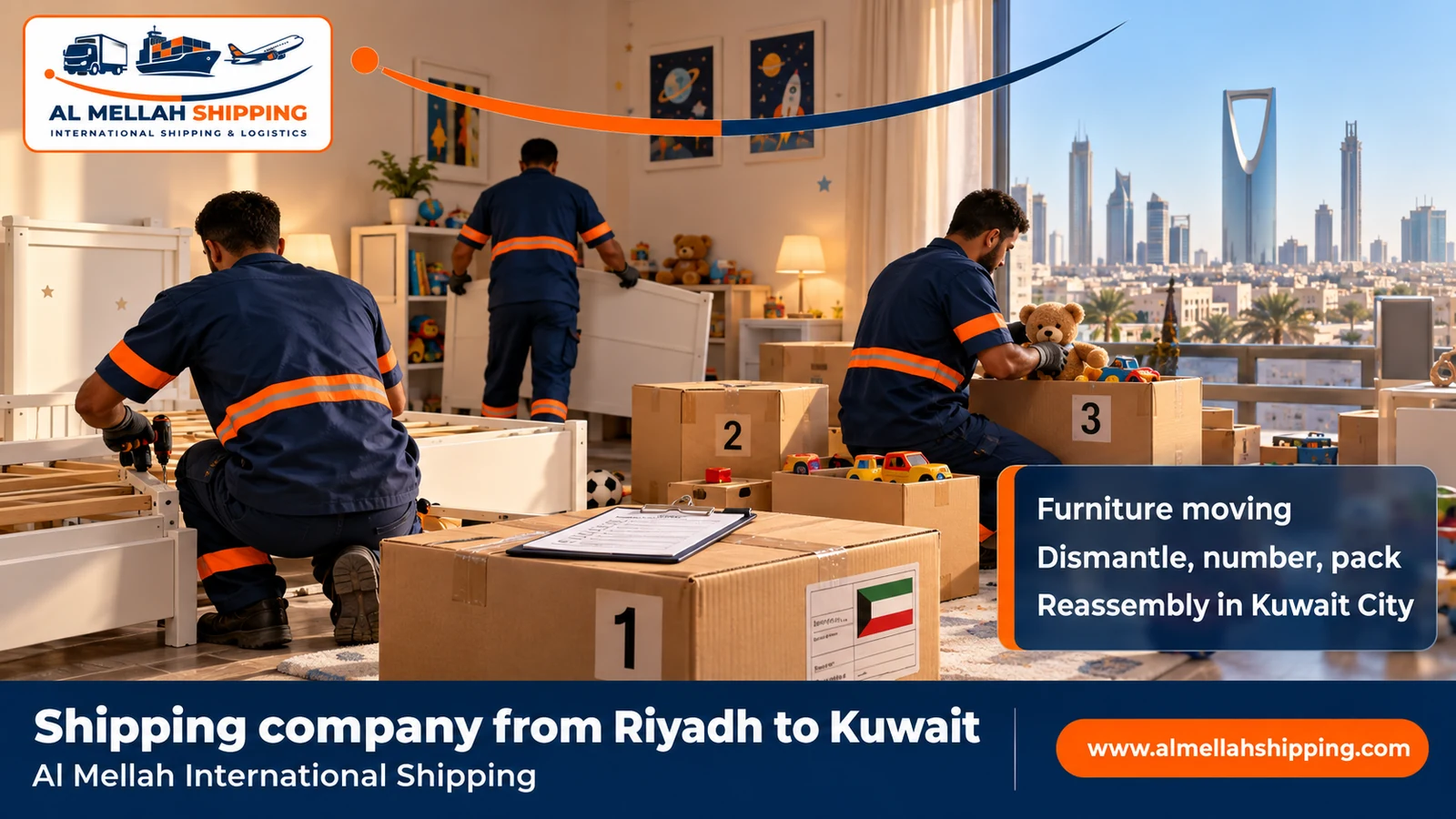 Furniture moving from Riyadh to Kuwait with dismantling, packing and reassembly
