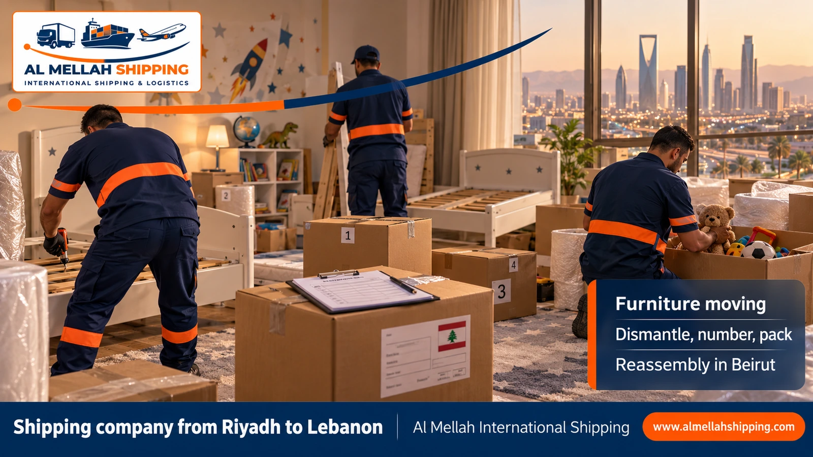Furniture moving from Riyadh to Lebanon with dismantling, packing and reassembly