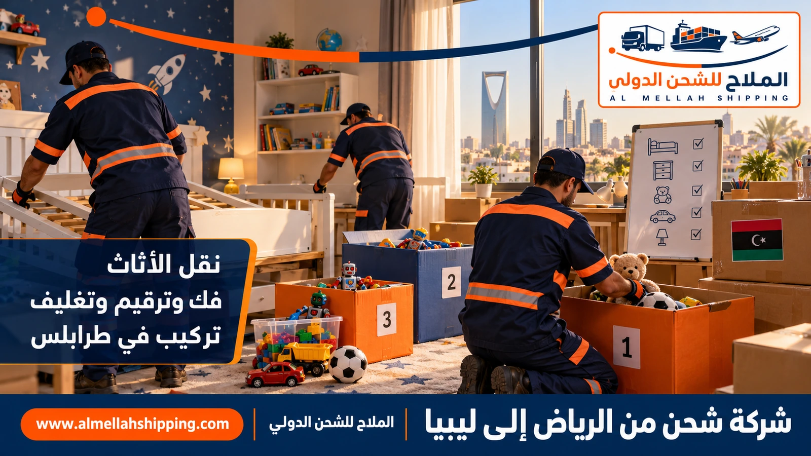 نقل أثاث من الرياض إلى ليبيا بالفك والتغليف والتركيب