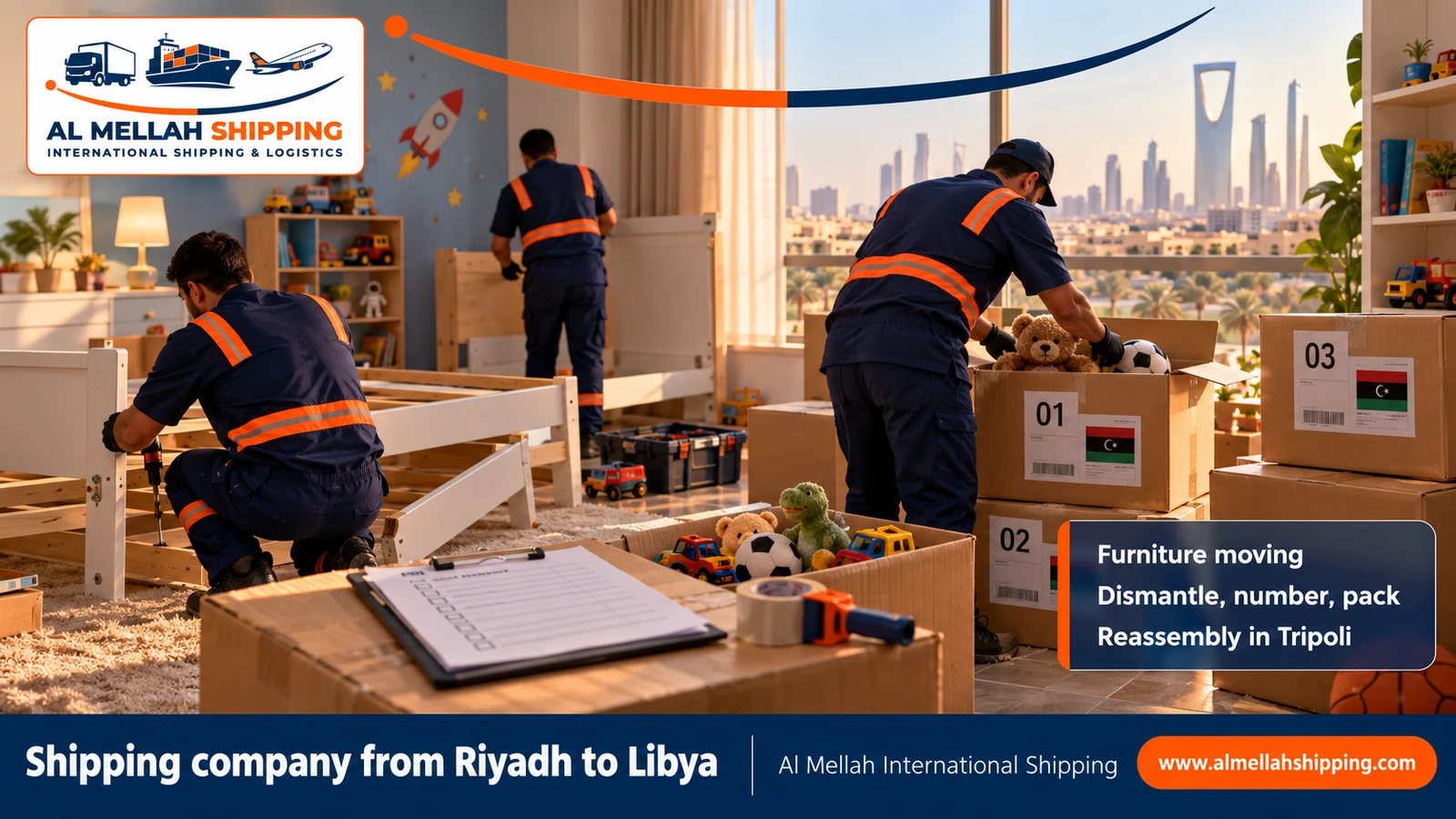 Furniture moving from Riyadh to Libya with dismantling, packing and reassembly