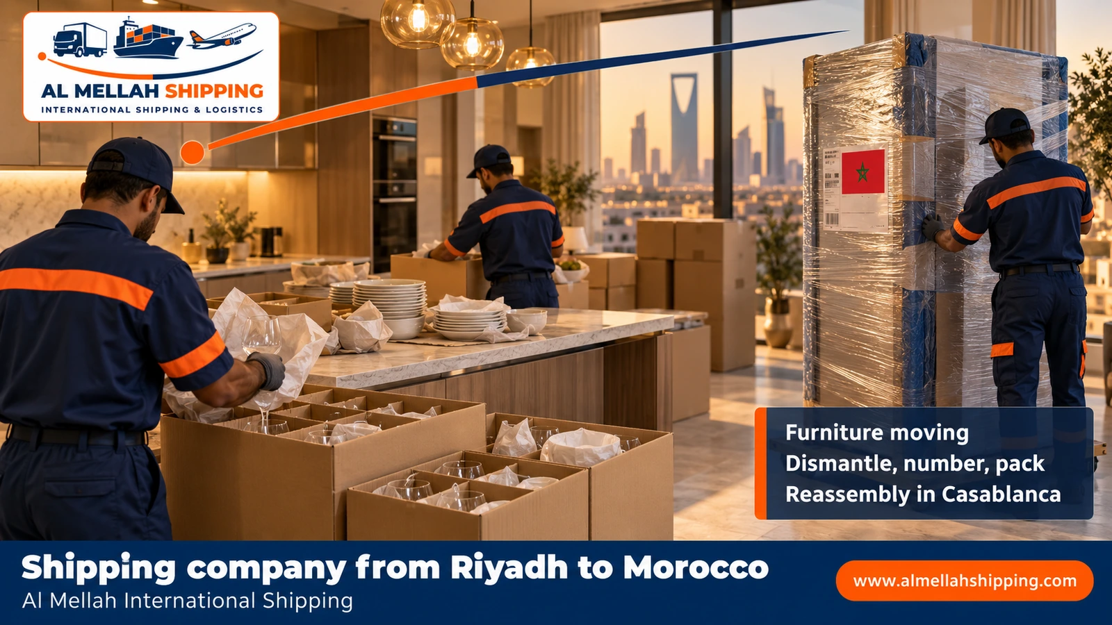 Furniture moving from Riyadh to Morocco with dismantling, packing and reassembly