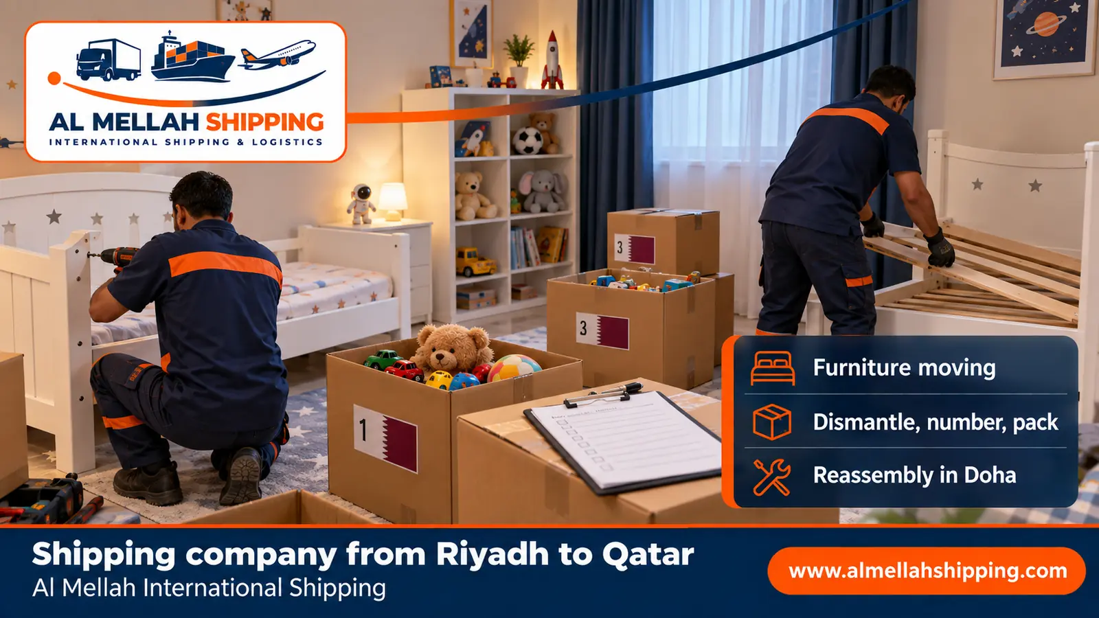 Furniture moving from Riyadh to Qatar with dismantling, packing and reassembly