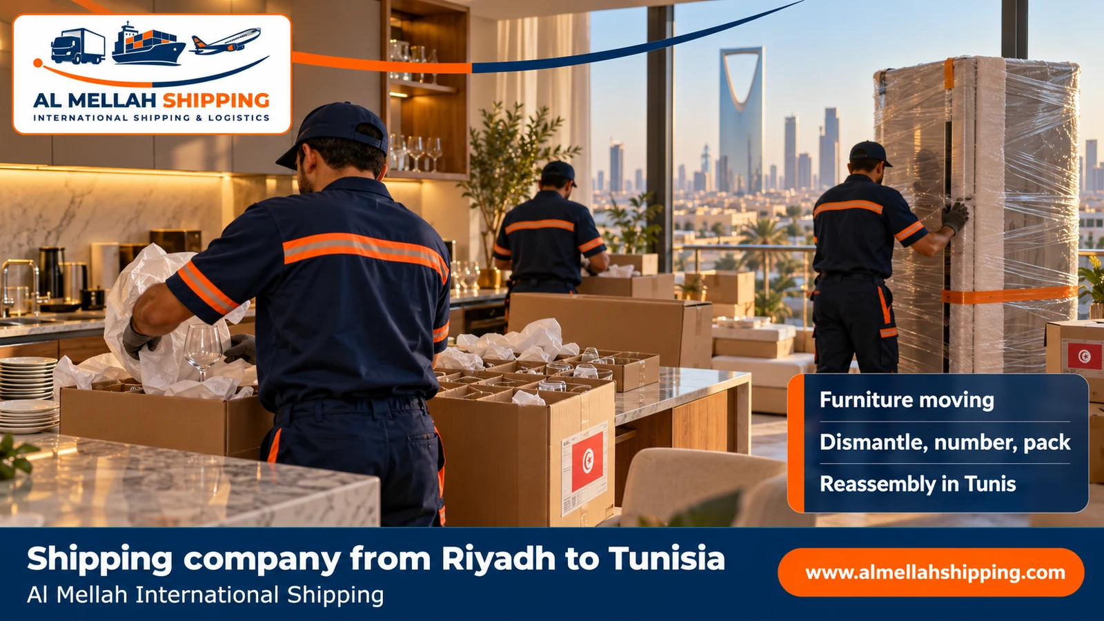 Furniture moving from Riyadh to Tunisia with dismantling, packing and reassembly