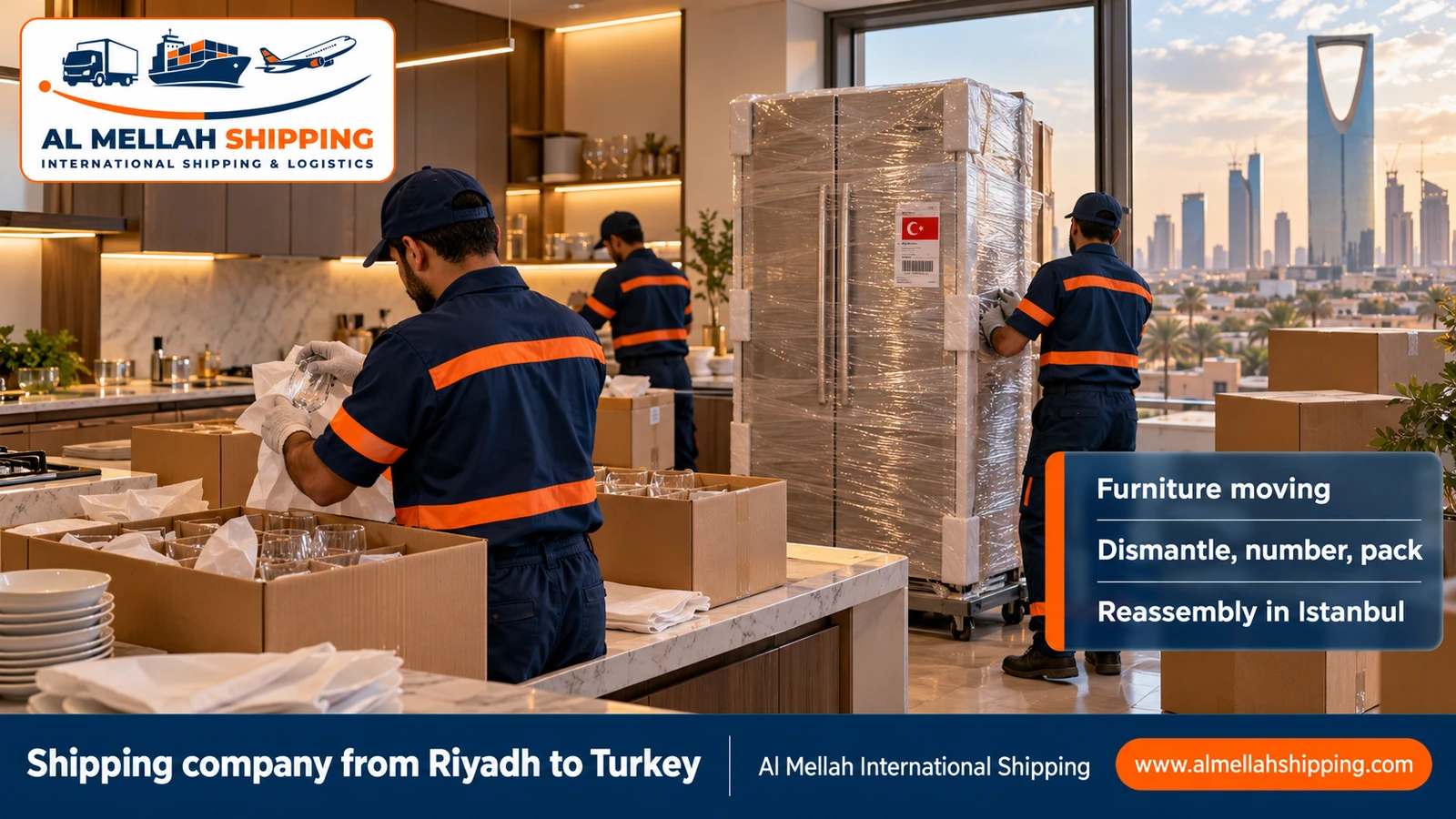 Furniture moving from Riyadh to Turkey with dismantling, packing and reassembly