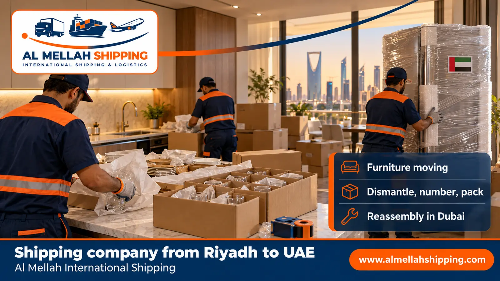 Furniture moving from Riyadh to the UAE with dismantling, packing and reassembly