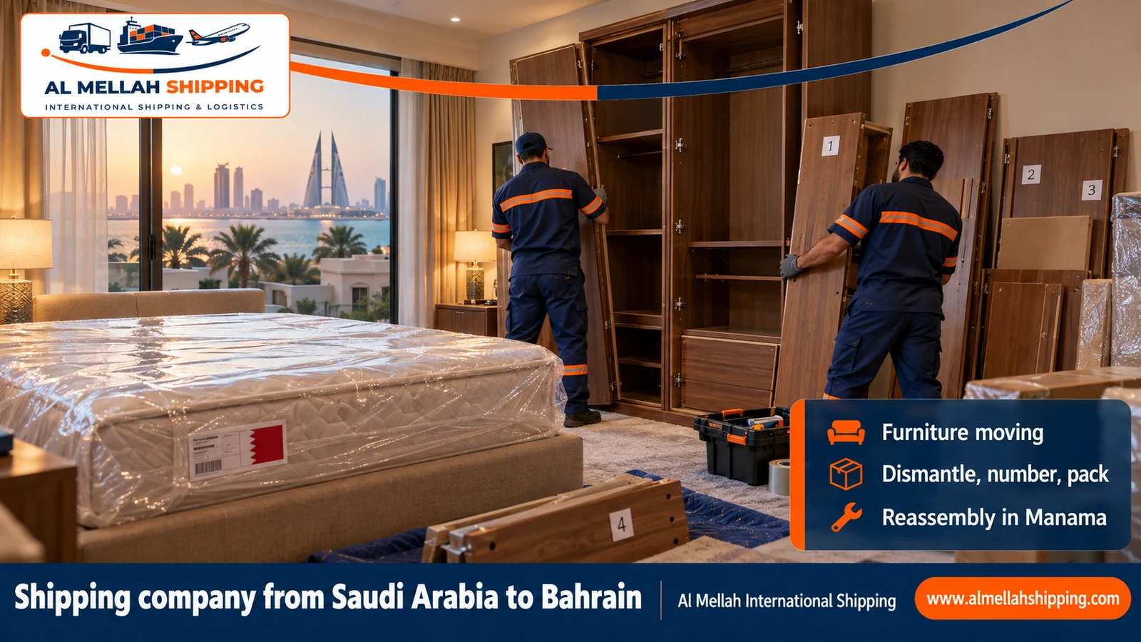 Furniture moving from Saudi Arabia to Bahrain with dismantling, packing and reassembly
