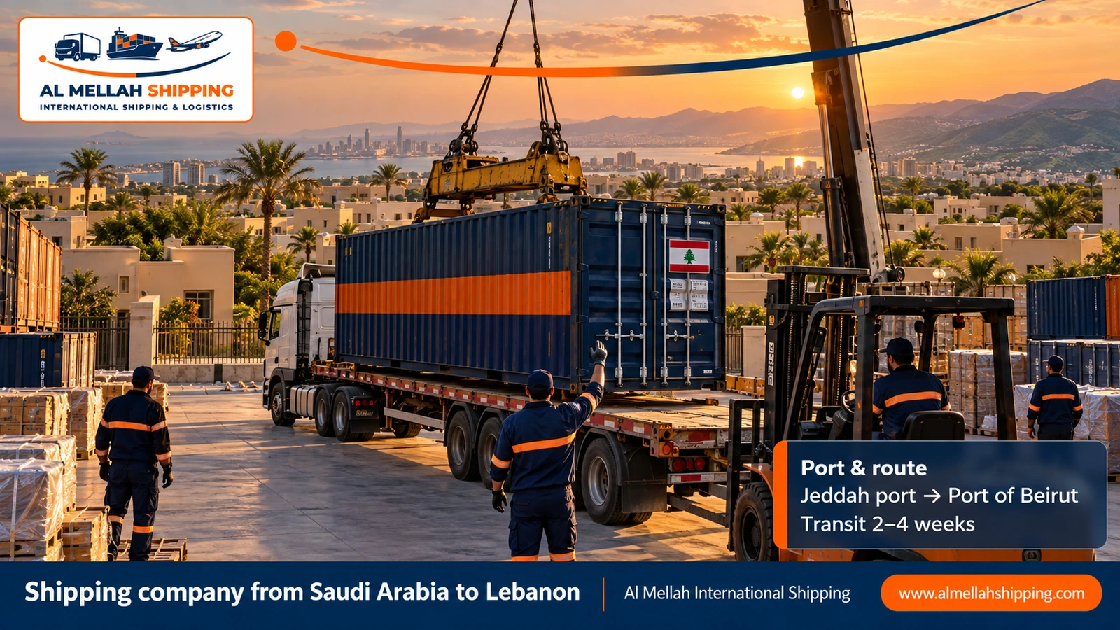 Shipping route from Saudi Arabia to Lebanon via Jeddah port to the Port of Beirut