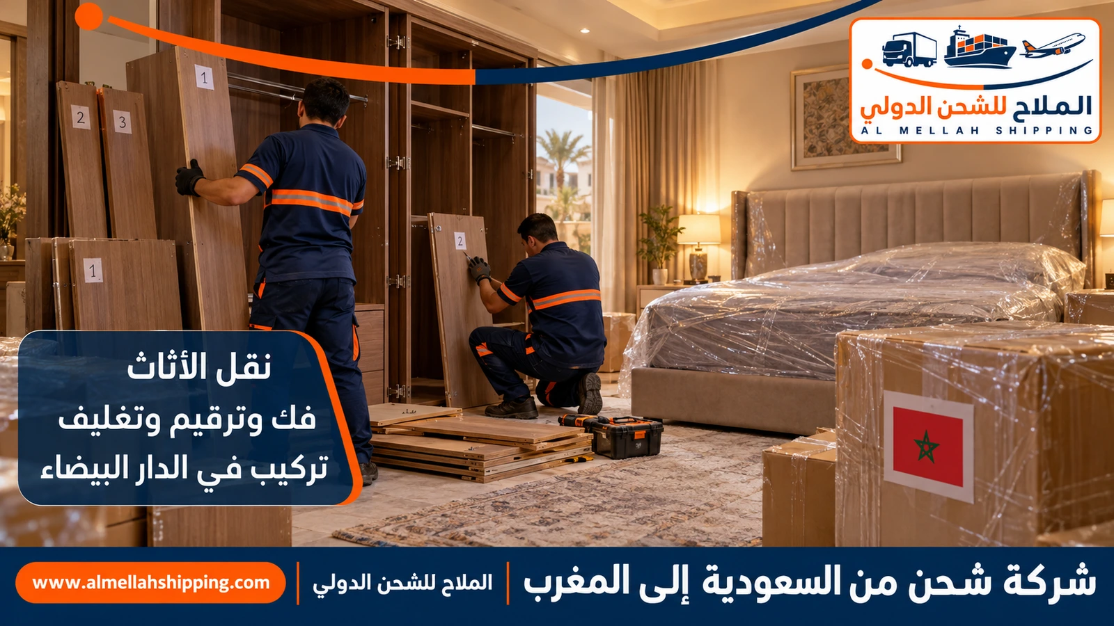 نقل أثاث من السعودية إلى المغرب بالفك والتغليف والتركيب
