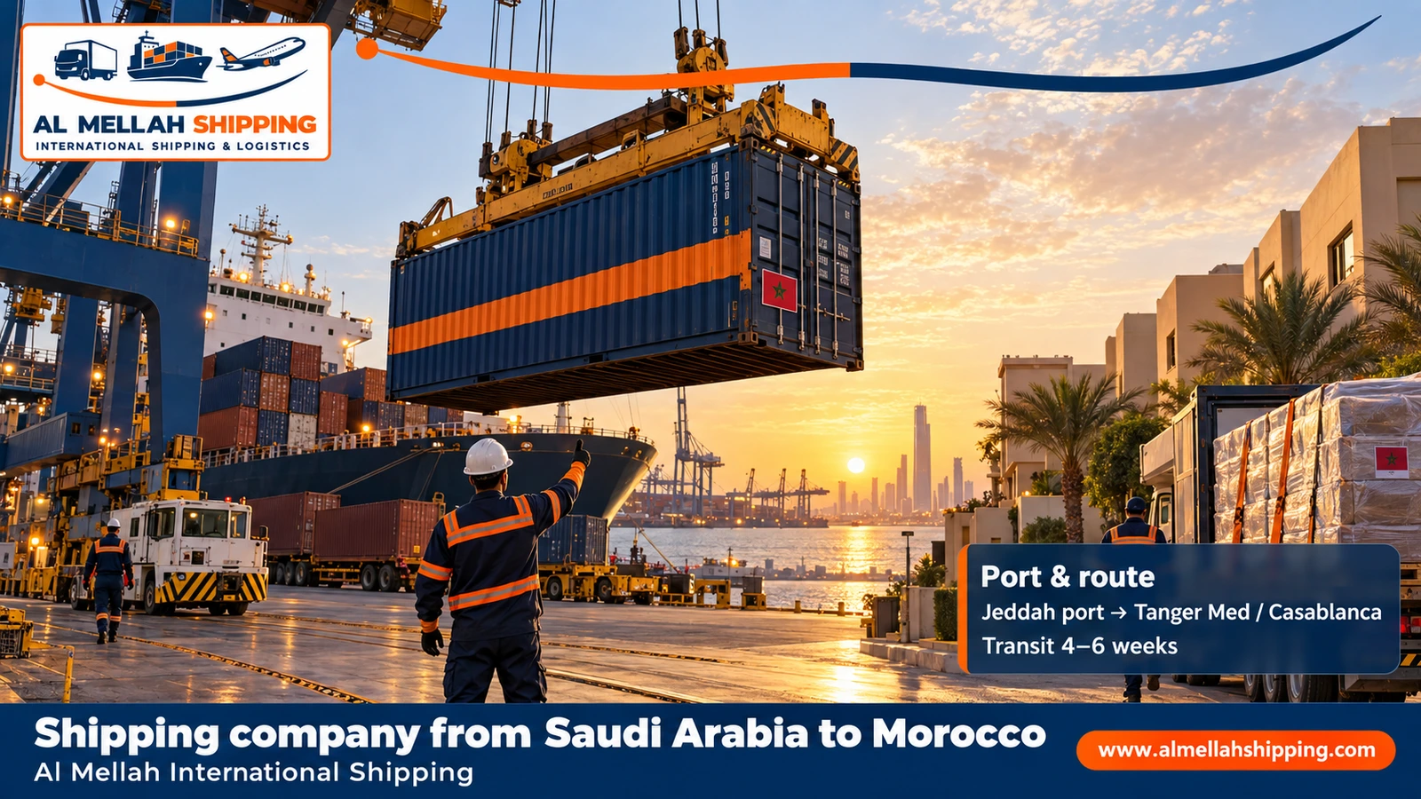 Shipping route from Saudi Arabia to Morocco via Jeddah port to Tanger Med and Casablanca