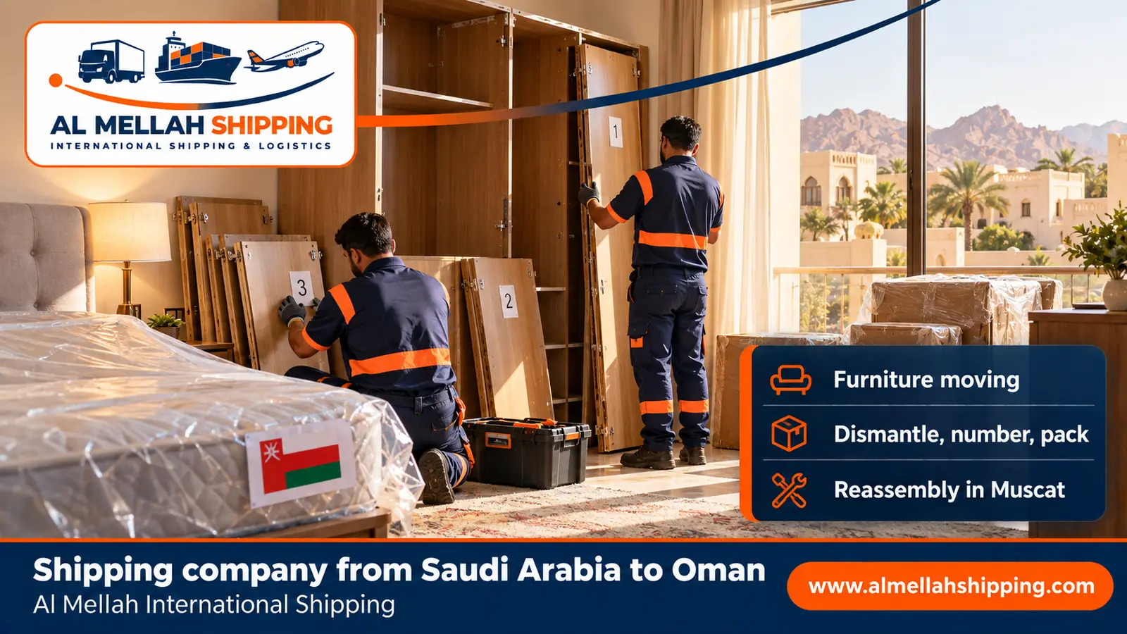 Furniture moving from Saudi Arabia to Oman with dismantling, packing and reassembly