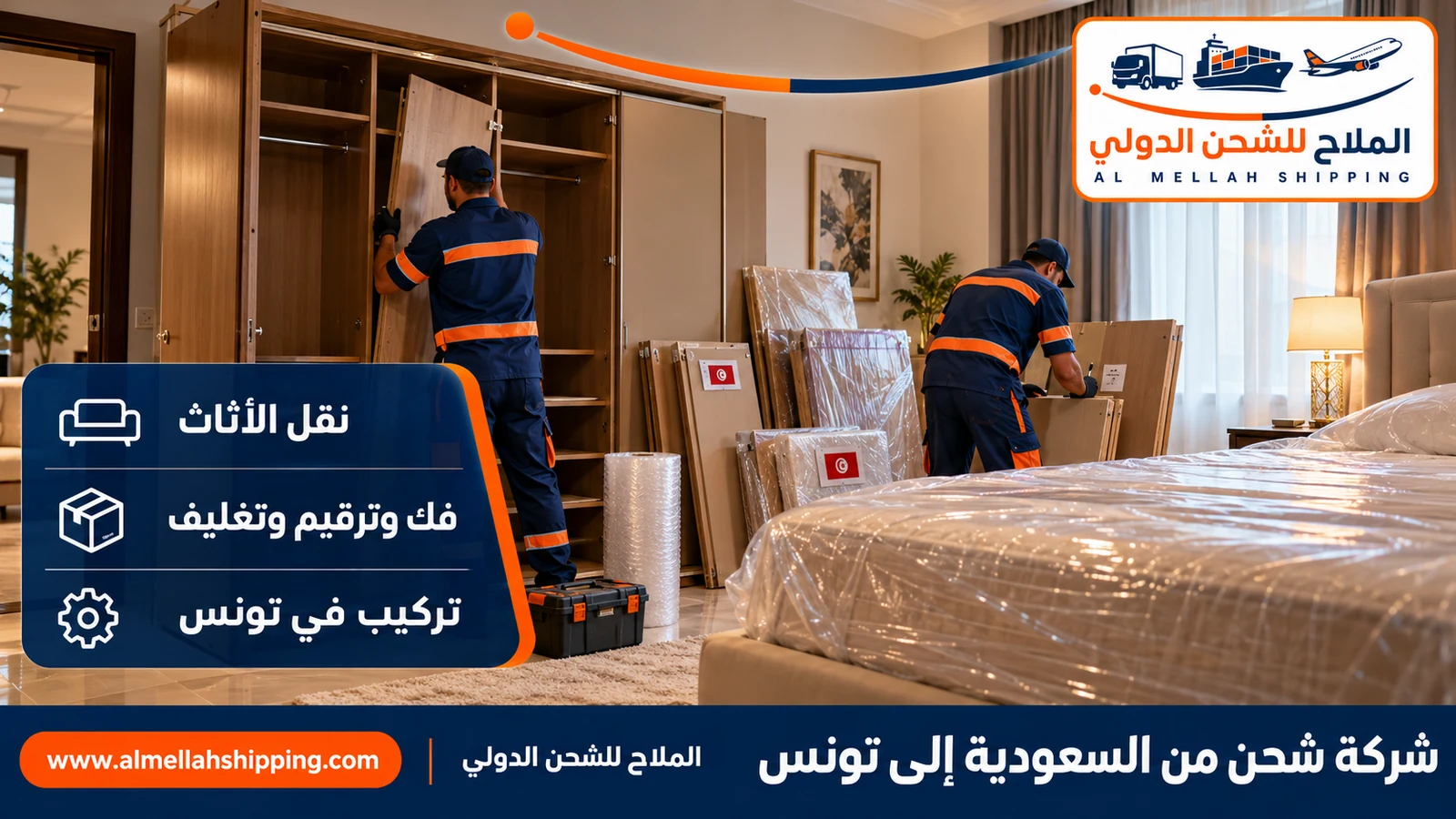 نقل أثاث من السعودية إلى تونس بالفك والتغليف والتركيب