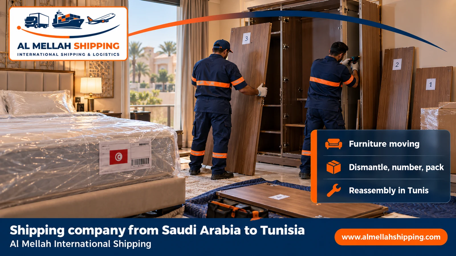 Furniture moving from Saudi Arabia to Tunisia with dismantling, packing and reassembly