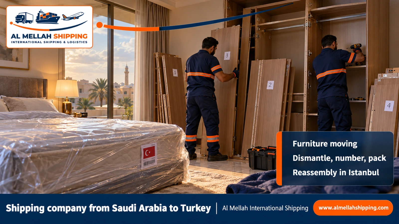 Furniture moving from Saudi Arabia to Turkey with dismantling, packing and reassembly