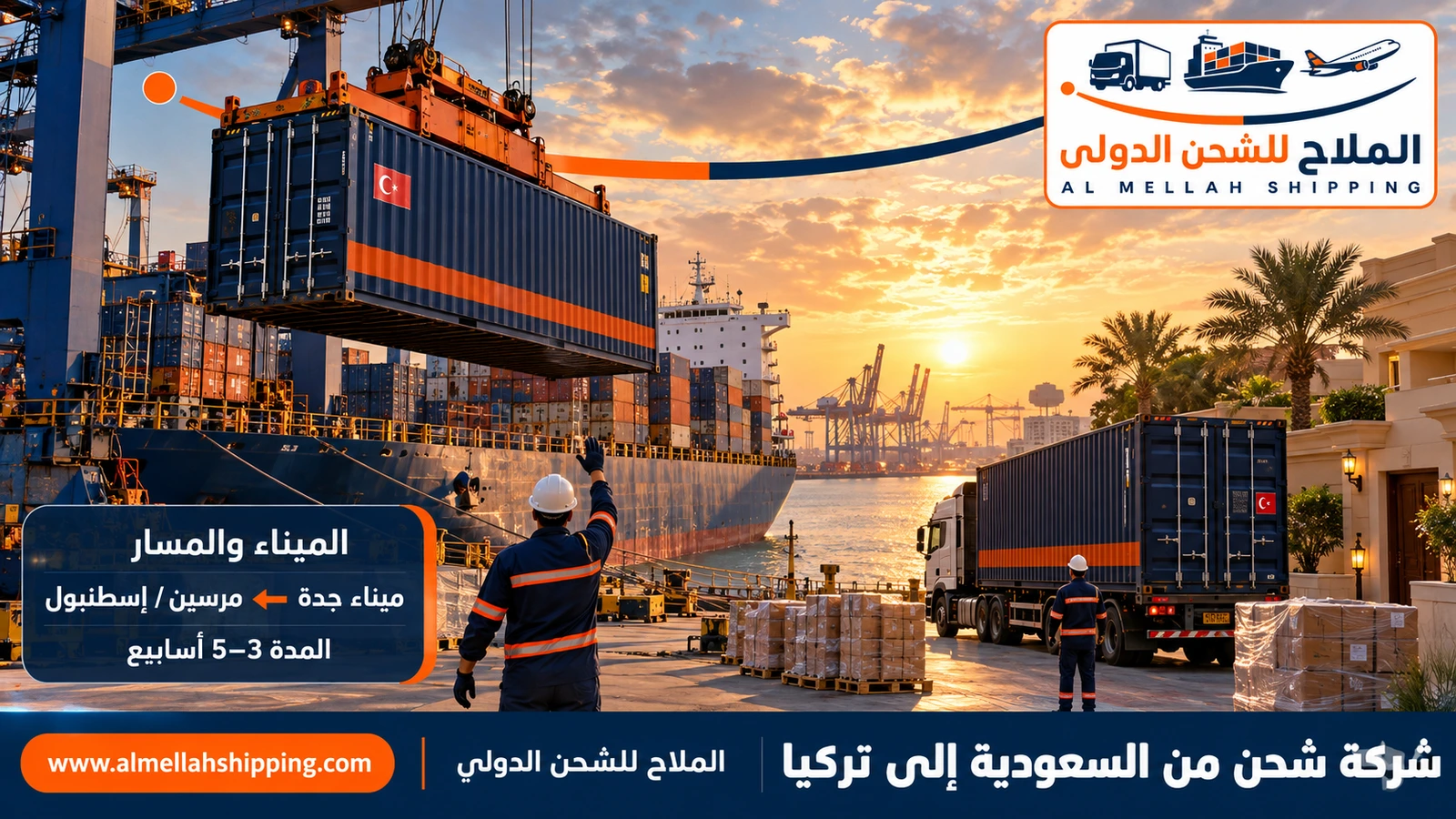 مسار الشحن من السعودية إلى تركيا عبر ميناء جدة إلى مرسين وإسطنبول