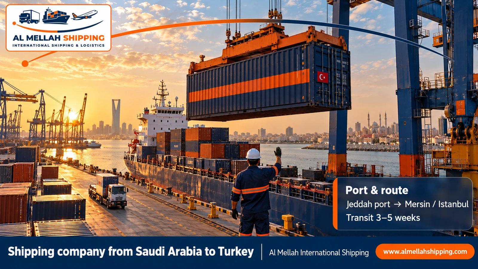 Shipping route from Saudi Arabia to Turkey via Jeddah port to Mersin and Istanbul